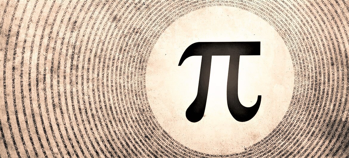 O símbolo pi, cercado por uma espiral formada pelos seus dígitos