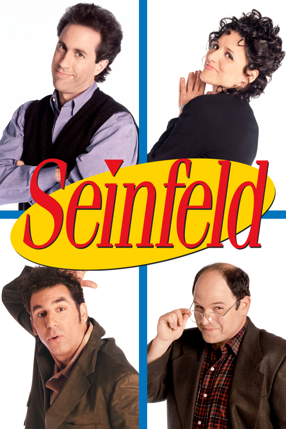 Banner de Seinfeld com os personagens Jerry, Elaine, Kramer e George