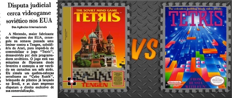 Matéria da Folha com o título “Disputa judicial cerca videogame soviético nos EUA“, e capas das versões do Tetris para NES feitas pela Tengen e pela Nintendo.