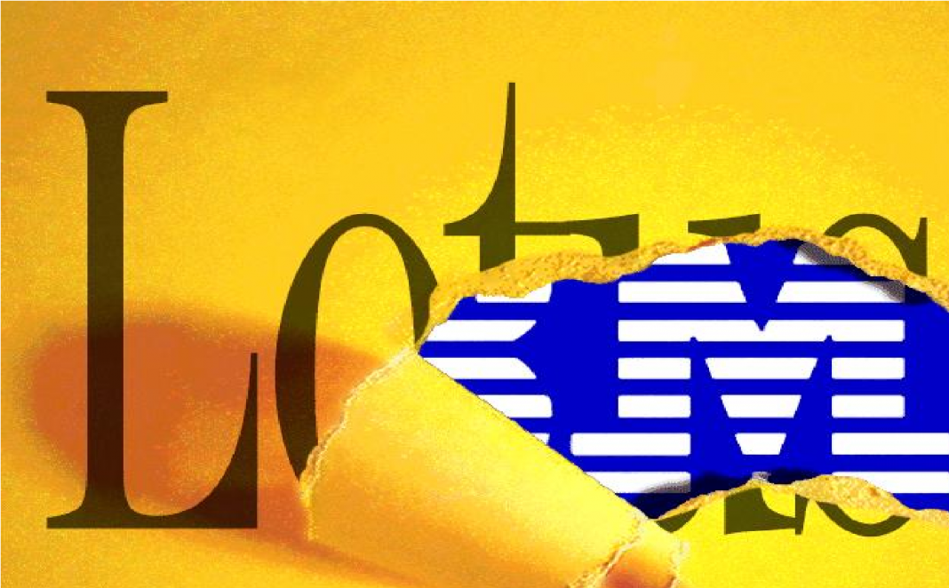 Rótulo da Lotus rasgado e revelando a marca da IBM por baixo