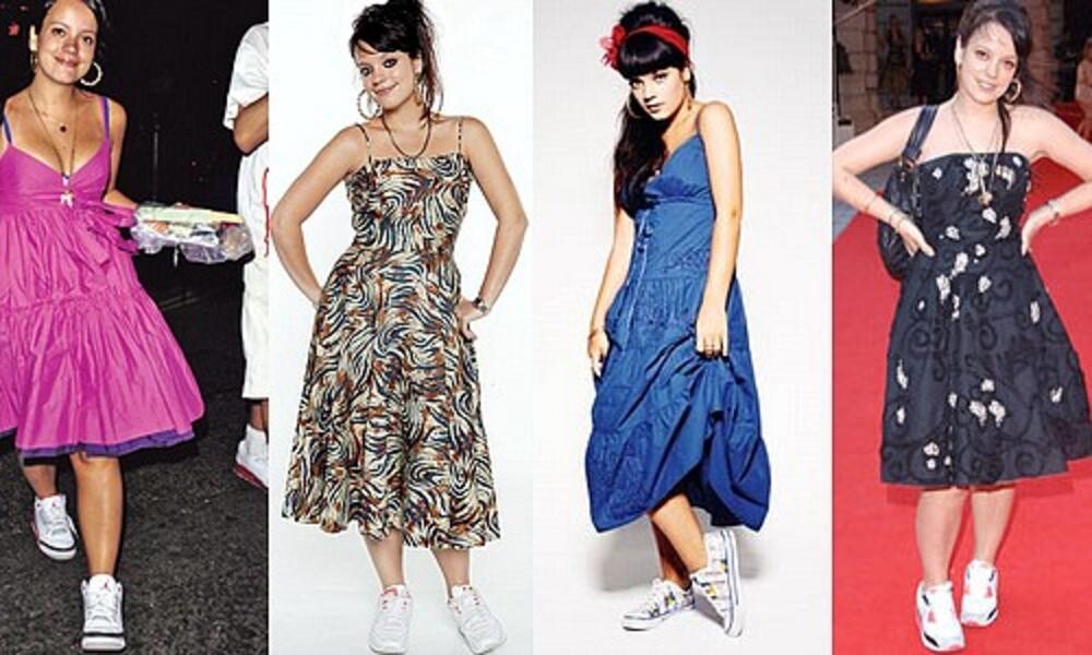 4 versões de Lily Allen em seu look usual: vestido e tênis