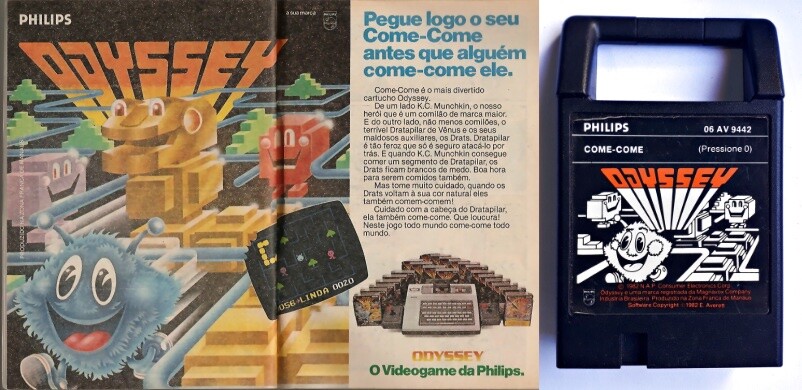 Cartucho do Come-Come e anúncio da Philips: “Pegue logo o seu Come-Come antes que alguém come-come ele.“