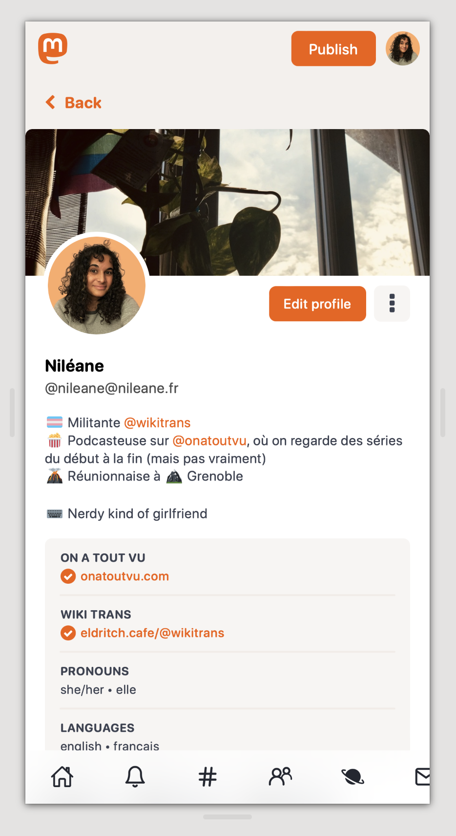 Print de uma tela do Mastodon, na interface para smartphones, usando as cores e formas da TangerineUI