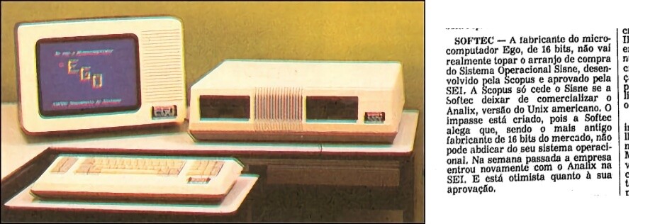 Foto de um EGO da Softec, e recorte de matéria de jornal narrando a queda de braço entre o governo e as duas empresas brasileiras