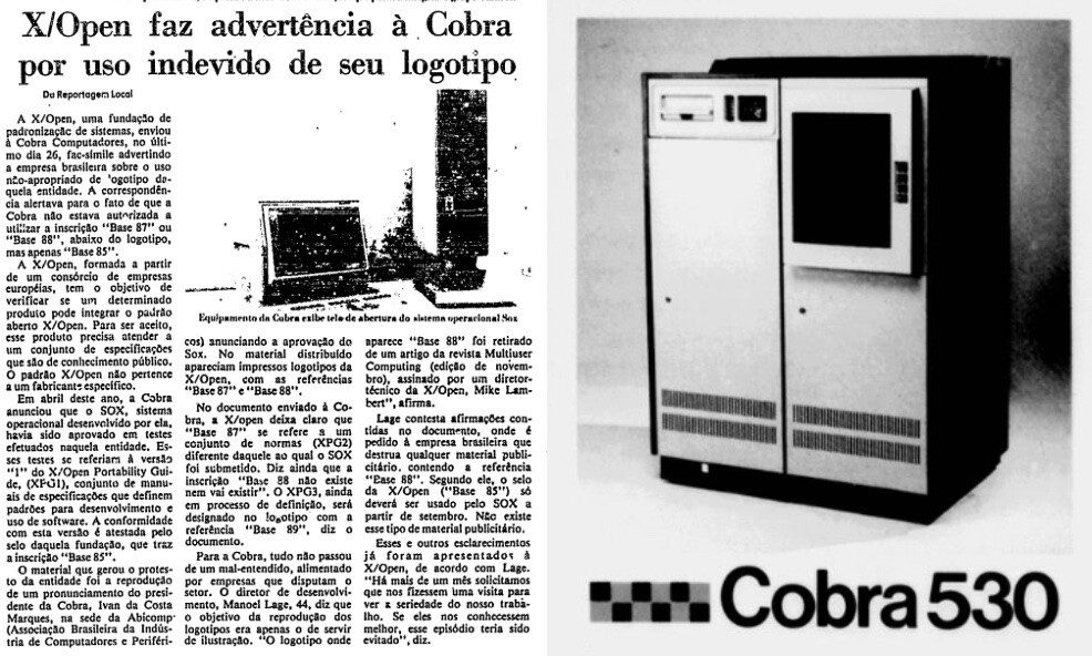 Notícia: “X/Open faz advertência à Cobra por uso indevido de seu logotipo“, e um minicomputador da Cobra