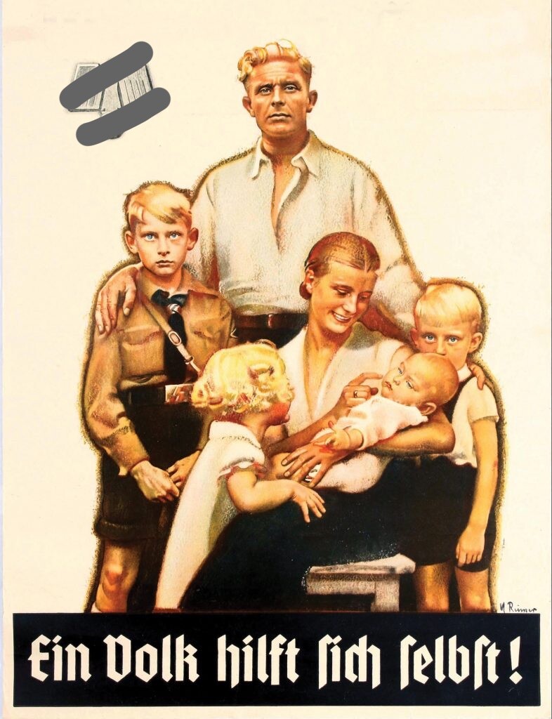 Cartaz nazista com o lema “ein volk hilft sich selbst“ mostra o que seria a visão de resultado pretendido com a política de esterilização dos diferentes