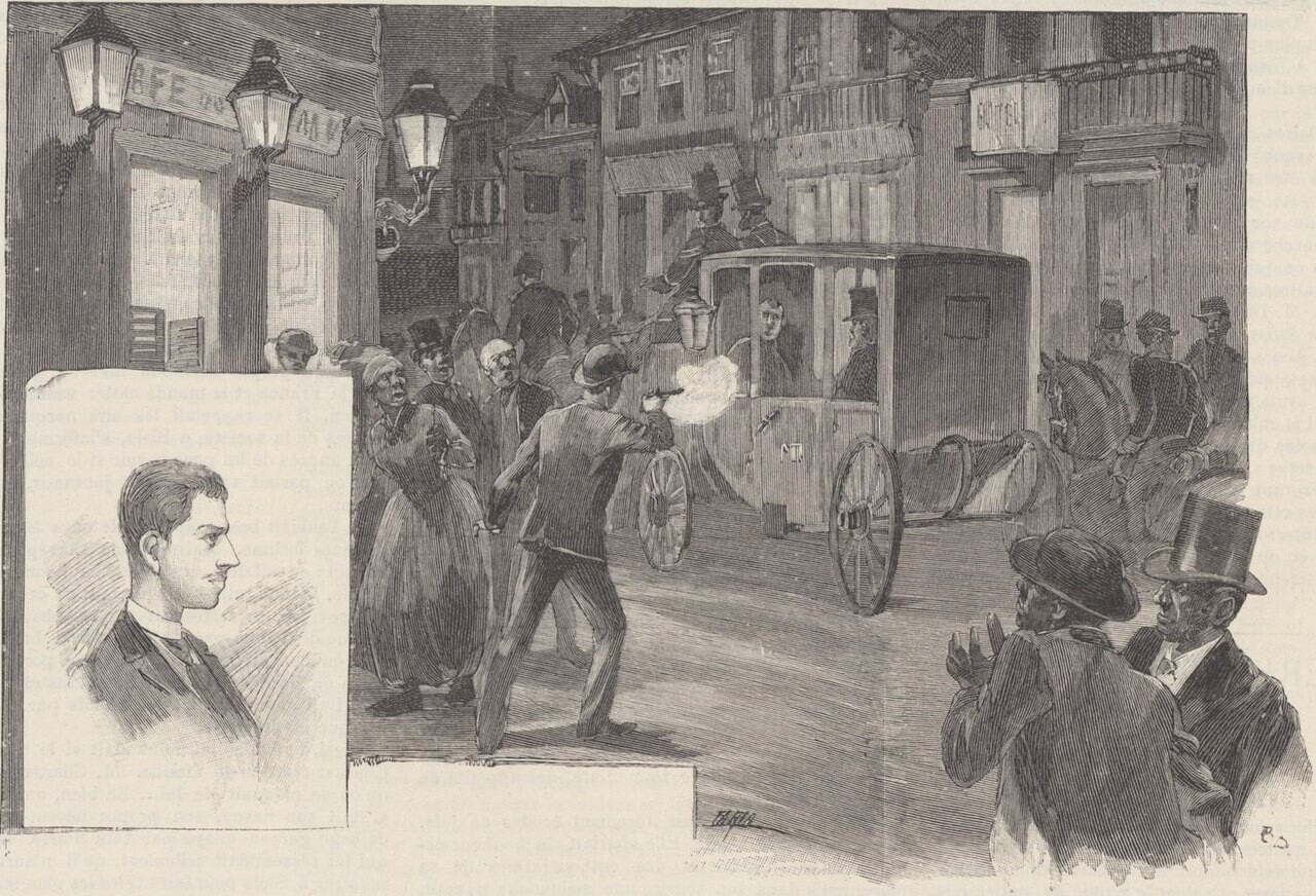 Gravura no jornal francês Le Monde illustré sobre o atentado, de 21 de setembro de 1889, junto com um retrato do atirador, Adriano do Valle<br>