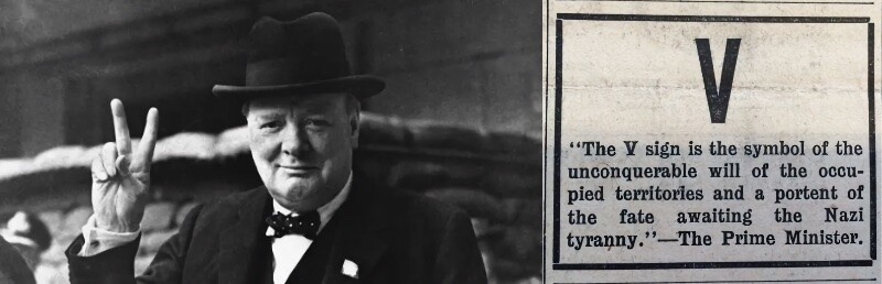 Churchill faz o sinal do V com a mão, erguendo o indicador e o médio, afastados entre si.