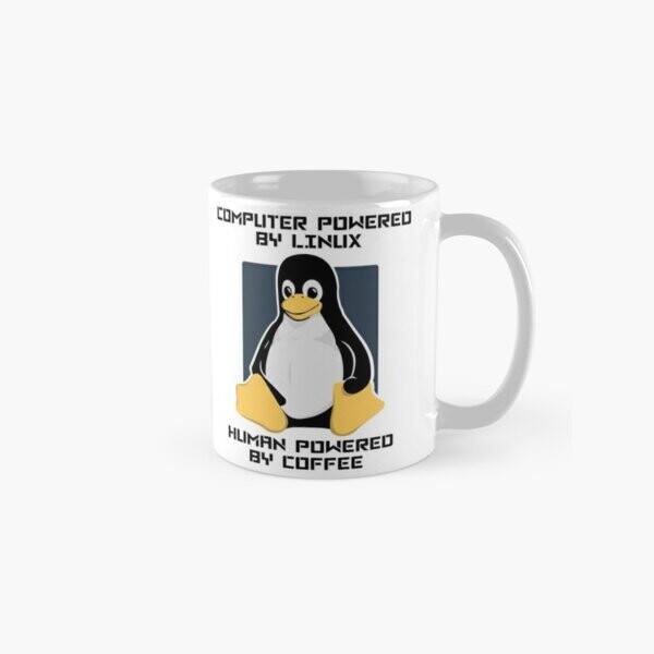 Caneca com o símbolo do Linux, e as inscrições:<br><br>Computer powered by Linux<br><br>Human powered by coffee