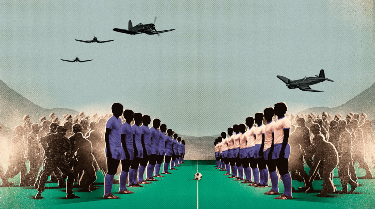 Alegoria da Guerra do Futebol mostrando seleções de futebol perfiladas e cercadas por soldados e aviões de guerra