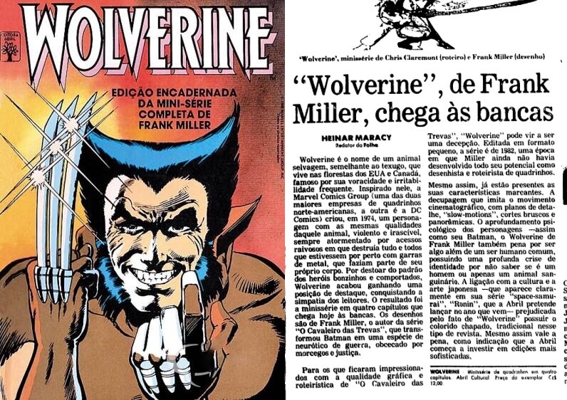 Capa de um dos volumes da minissérie, reaproveitada na edção encadernada, e matéria da Folha com o título: “Wolverine“, de Frank Miller, chega às bancasi