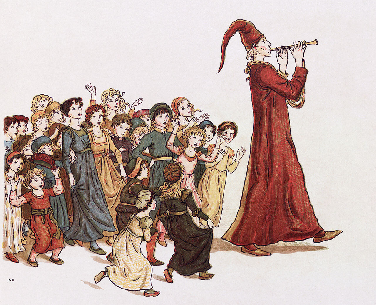 O flautista leva as crianças para fora de Hamelin. Ilustração de Kate Greenaway.<br>