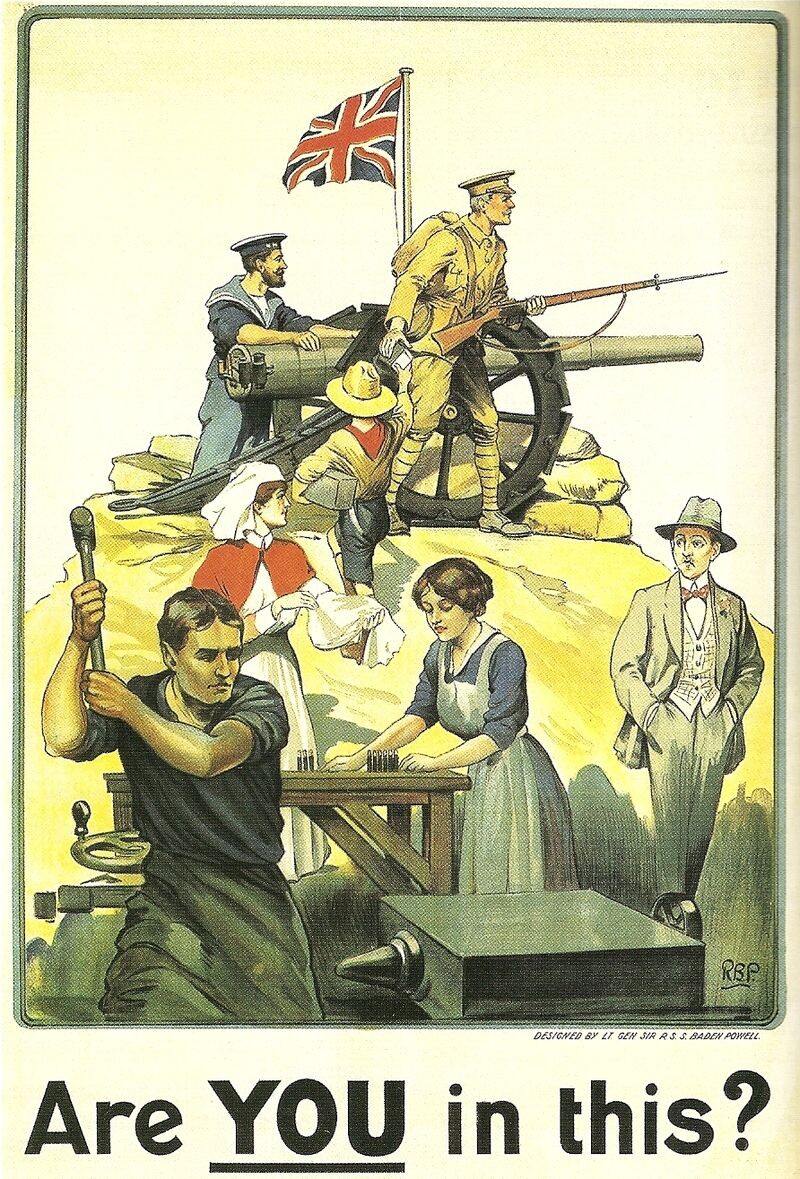 Poster assinado por Baden-Powell com militares no alto (com um menino entregando munição ao soldado), operário de indústria embaixo e, no meio, uma enfermeira e uma moça servindo a mesa para um homem elegantemente trajado