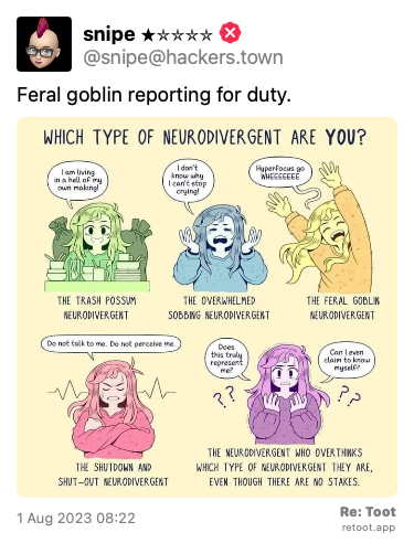 Post de snipe ⭑⭒⭒⭒⭒. “Feral goblin reporting for duty.“ The post contains an image with no description. Posted on 1 Aug 2023 08:22