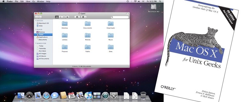Desktop do Leopard e capa do livro Mac OS X for Unix Geeks