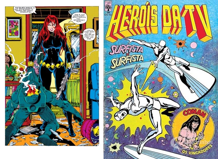 Viúva Negra em 1982, e a capa da edição 38 da Heróis da TV, com Surfista Prateado e Conan