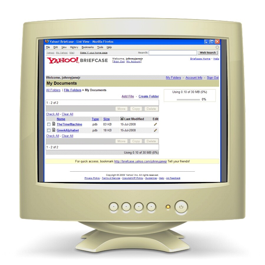 Tela do Yahoo Briefcase
