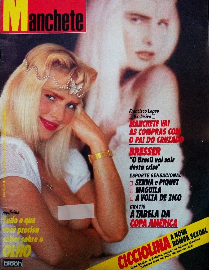 Cicciolina, já eleita deputada, posa para a capa da revista Manchete com os seios nus 