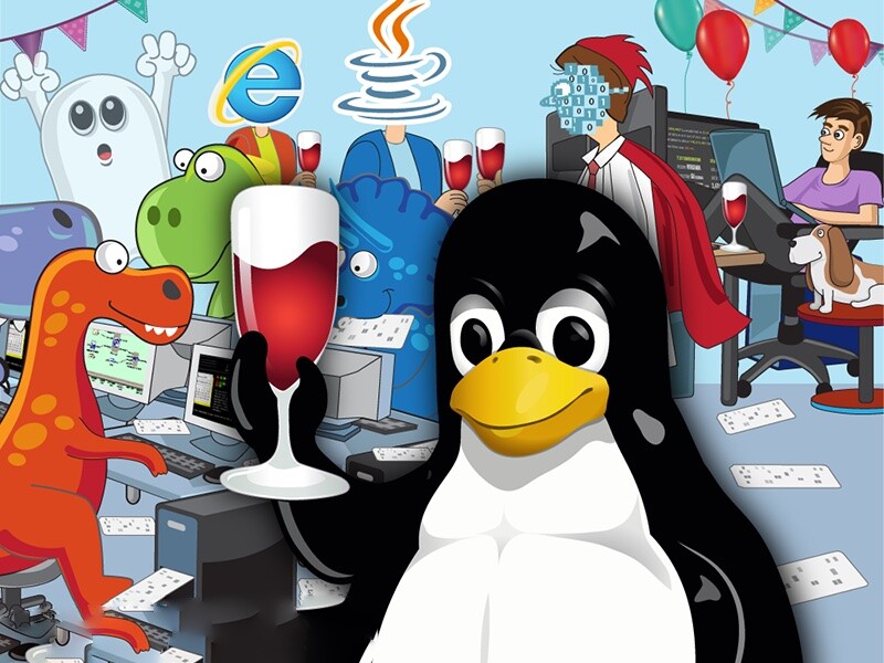 Tux, o pinguim do Linux, brindando com seus amigos