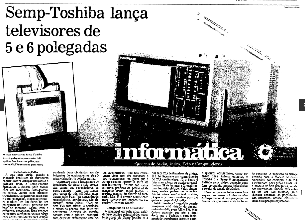 Matéria da Folha com foto de um dos modelos e o título: Semp Toshiba lança televisores de 5 e 6 polegadas