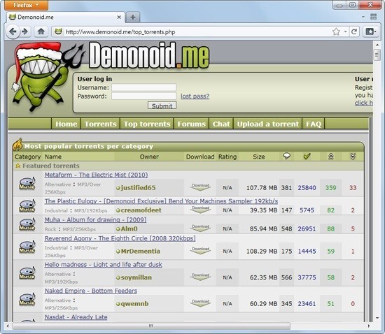 Tela do Demonoid em período natalino