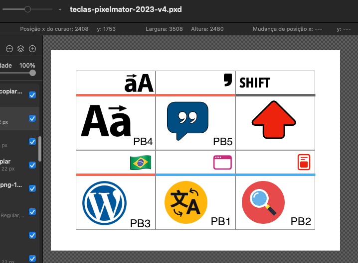 desenho de 6 rótulos para teclas com funções utilitárias, como tradução, minúsculas, maiúsculas, busca, etc.