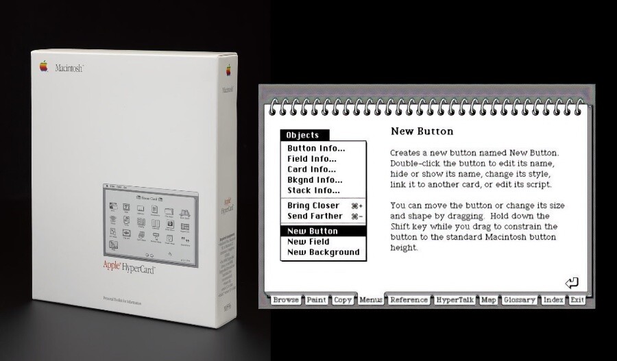 Caixa do Hypercard, e exemplo da sua interface