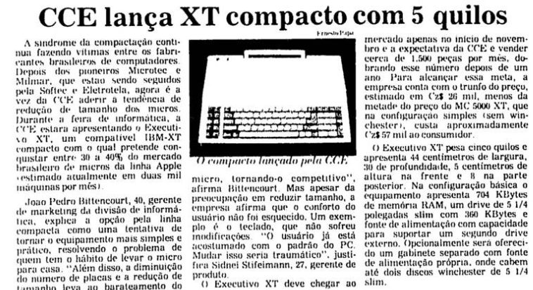 Matéria mostra o micrinho em forma de maleta com teclado aparente. Título: CCE lança XT compacto com 5 quilos