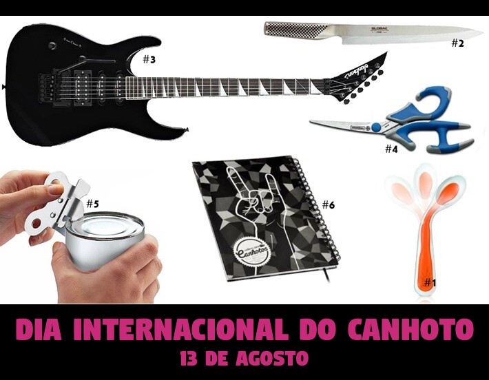 Banner do Dia Internacional do canhoto, mostrando uma colher, uma faca de sashimi, uma guitarra, uma tesoura, um abridor de latas e um caderno feitos para quem usa preferencialmente a mão esquerda