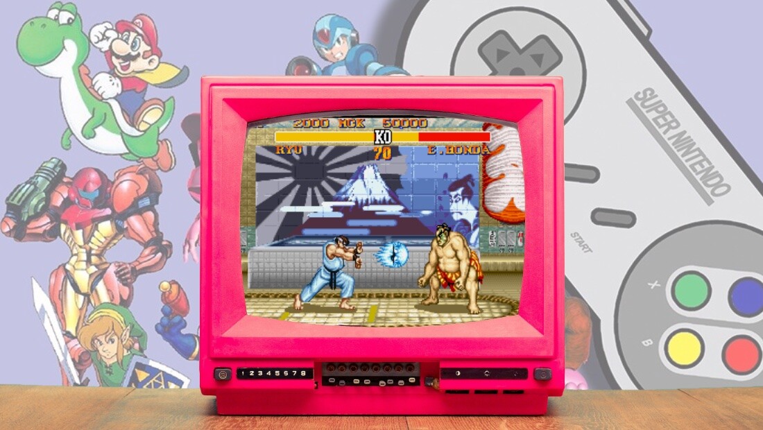 Ryu luta contra E. Honda na tela do SNES