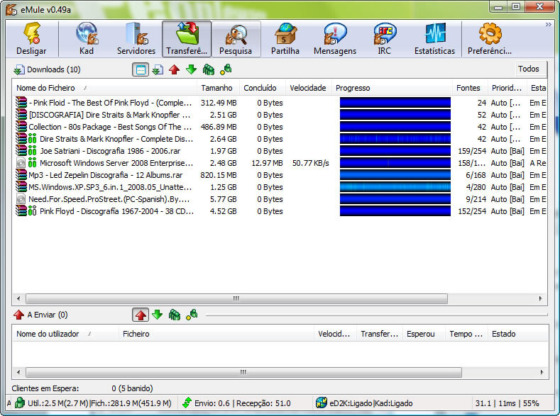 Tela da versão 0.49a, em português, com vários compartilhamentos em andamento