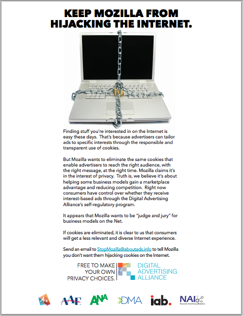 Anúncio das entidades publicitárias que preferiam cookies irrestritos, com foto de um notebook acorrentado, e o título “Keep Mozilla from hijacking the Internet“