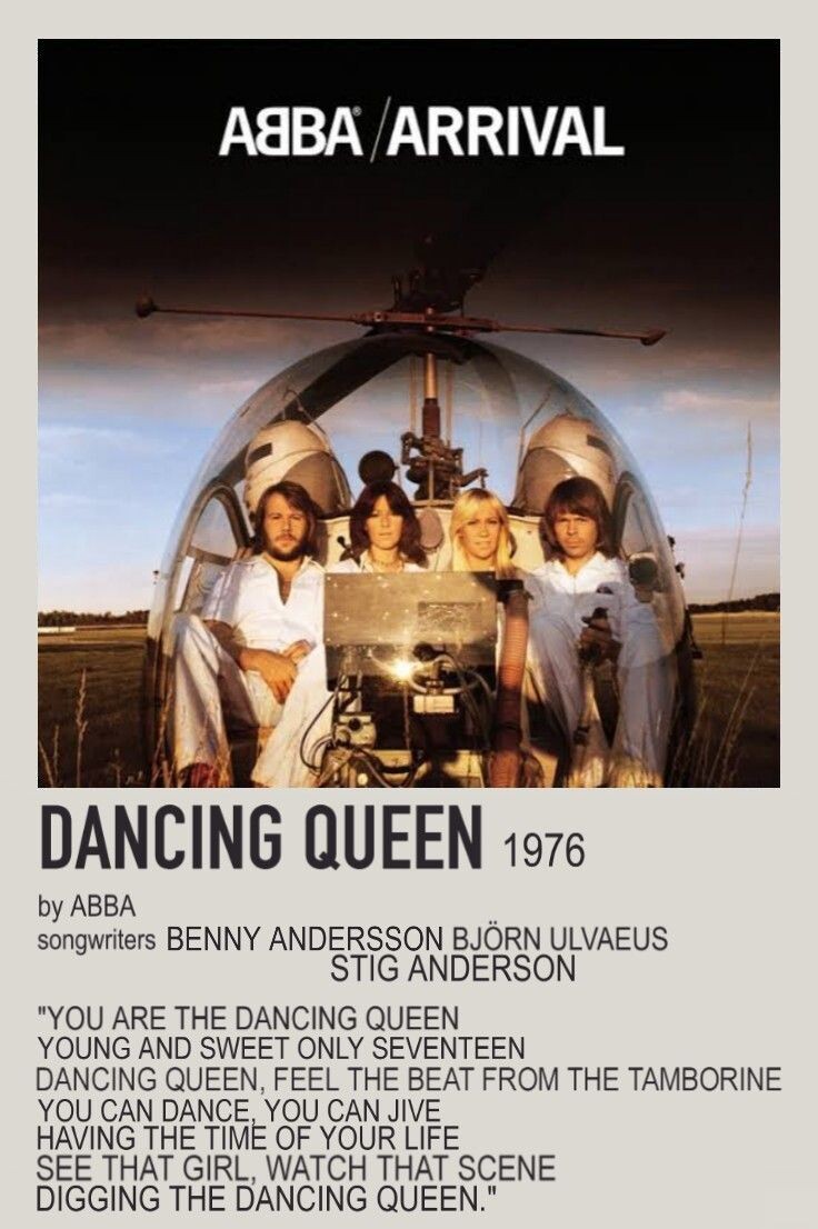 Poster de Dancing Queen, com a capa do álbum Arrival e trecho da letra