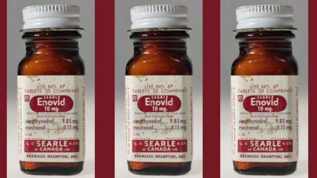 3 vidrinhos de Enovid para o mercado canadense, com 30 pílulas em cada