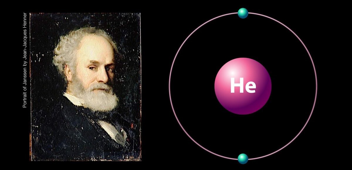 Retrato de Janssen, e imagem da estrutura do elemento hélio