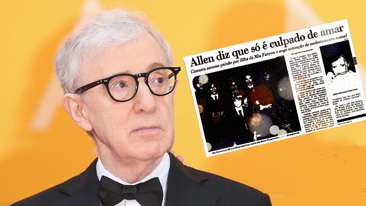 Woody Allen em traje de gala e recorte de jornal da época, com a cobertura da coletiva, e o título “Allen diz que só é culpado de amar“
