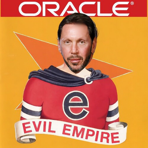Remix do logo e face do CEO da Oracle, com a capa do disco Evil Empire, do Rage Against The Machine