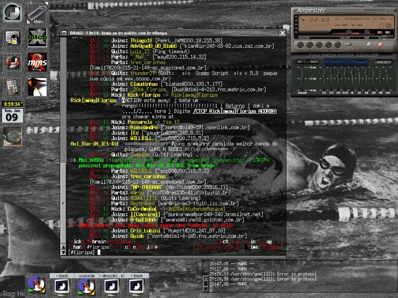 IRC em 1999, usando o meu script DusK 8 para BitchX, rodando sobre WindowMaker