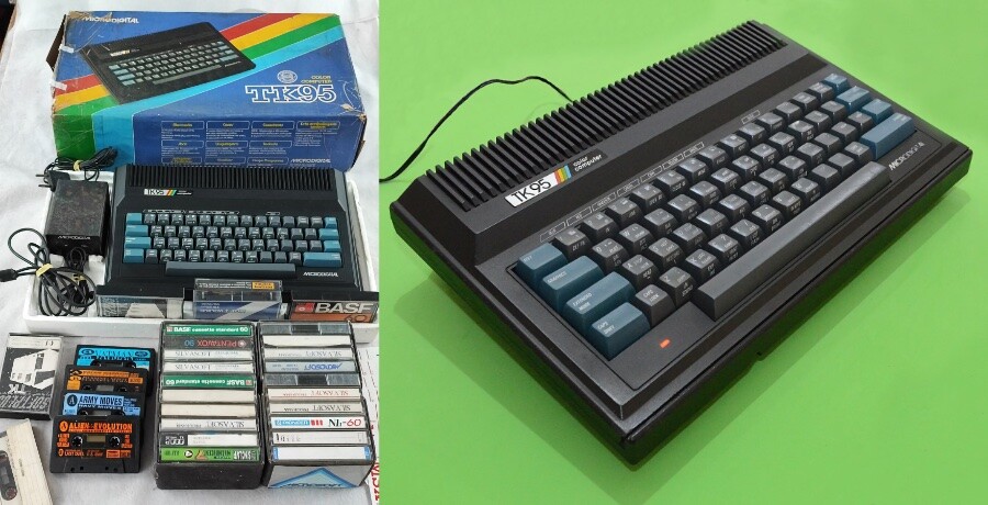 TK95 em uma foto com sua caixa, fitas e acessórios, e em uma foto detalhada permitindo identificar seu teclado