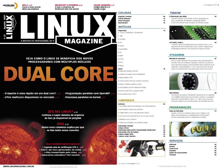 Capa e índice da Linux Magazine de agosto de 2007