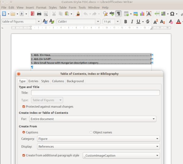 Interface de criação de sumários e índices no LibreOffice 7.6