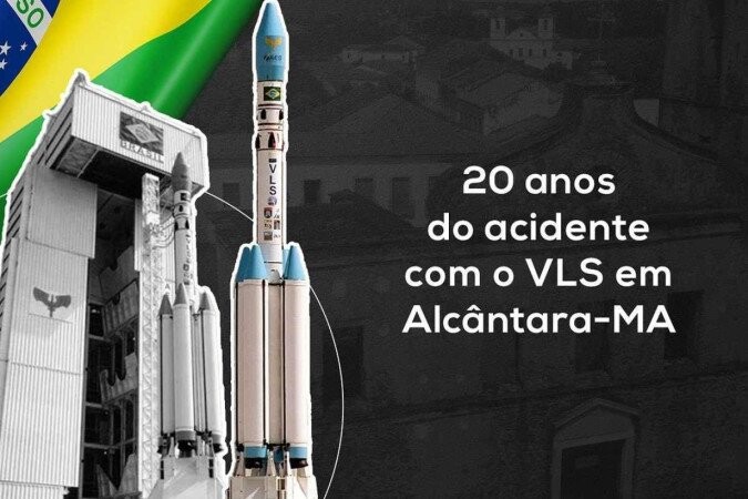 Banner com foto do VLS e a frase “20 anos do acidente com o VLS em Alcântara - MA“
