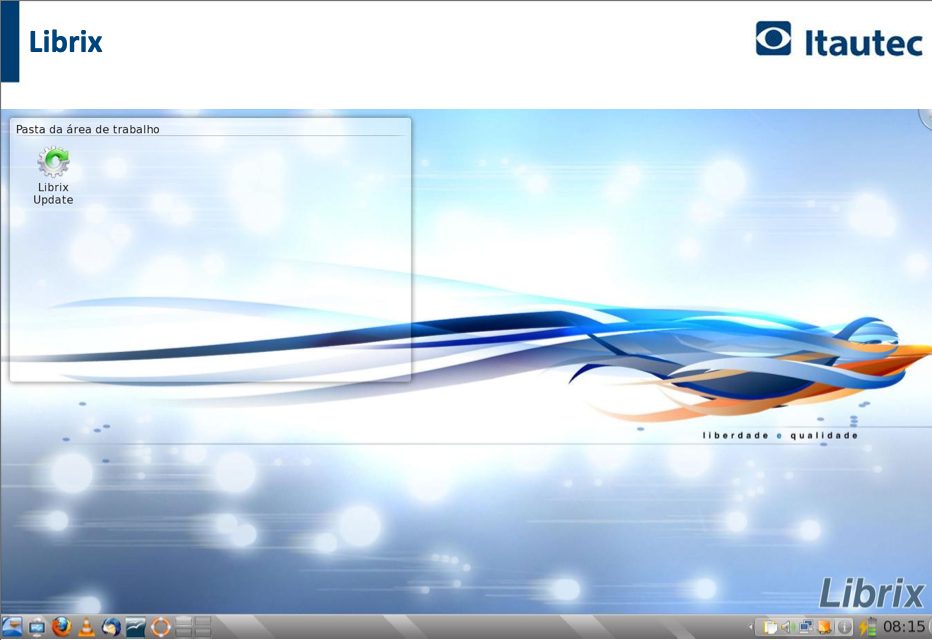 Slide da Itautec apresenta a tela do Librix, sua distribuição.