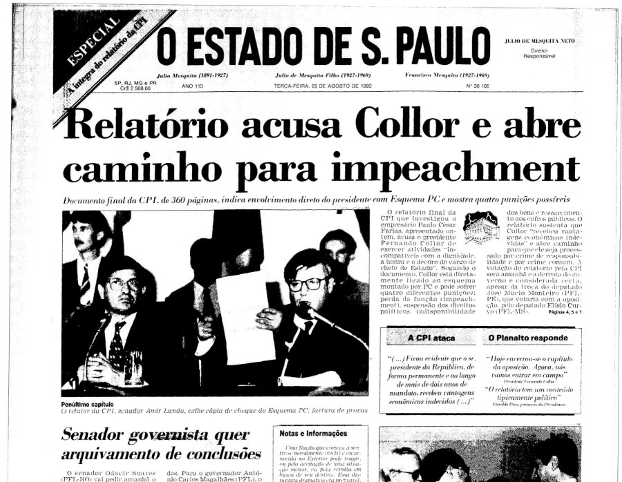Capa do Estadão do dia seguinte, com a manchete: Relatório acusa Collor e abre caminho para o impeachment