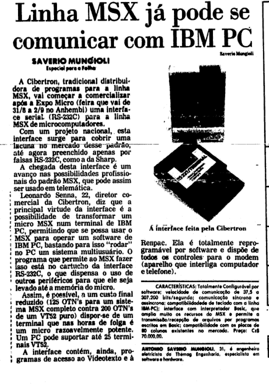 Matéria de jornal com o título: Linha MSX já pode se comunicar com IBM PC
