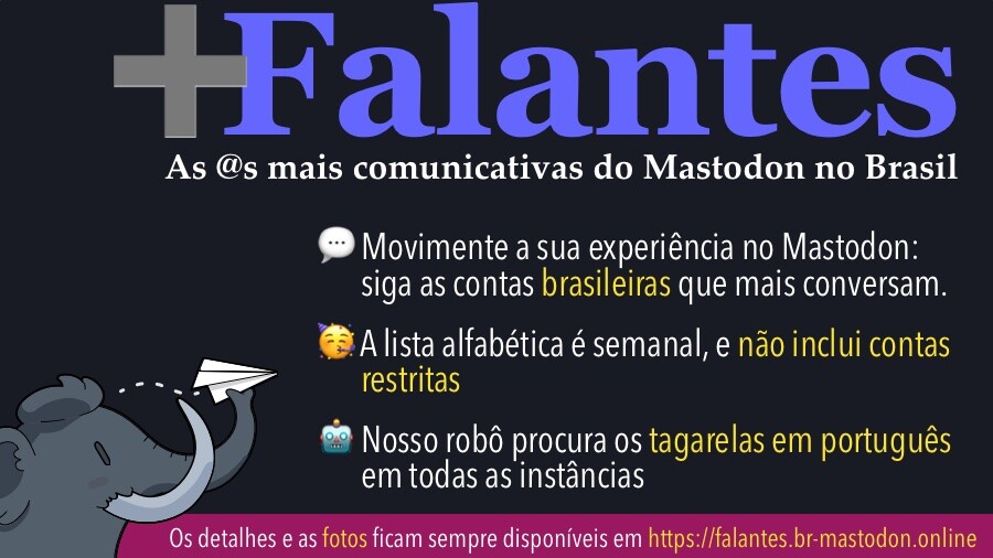 +Falantes<br>As @s mais comunicativas do Mastodon no Brasil<br>• Movimente a sua experiência no Mastodon: siga as contas brasileiras que mais conversam.<br>• A lista alfabética é semanal, e não inclui contas restritas<br>• O robô contabiliza os tagarelas em português em qualquer instância, todos os dias<br>Os detalhes e as fotos ficam sempre disponíveis em https://falantes.br-mastodon.online