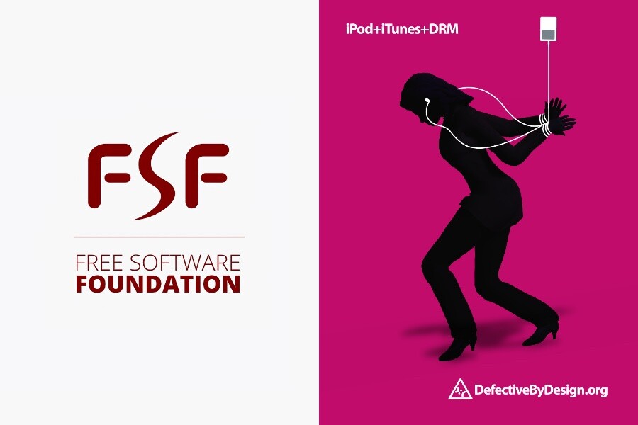 Adesivo da FSF e banner da campanha contra DRM da FSF, com uma silhueta feminina, de perfil sobre um fundo rosa, amarrada pelo fio de um iPod, com os braços presos para trás. 