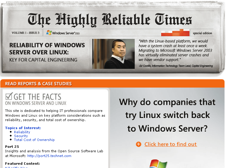 Imagens da campanha internacional da Microsoft contra o Linux, incluindo o título “Why do companies that try Linux switch back to Windows?“