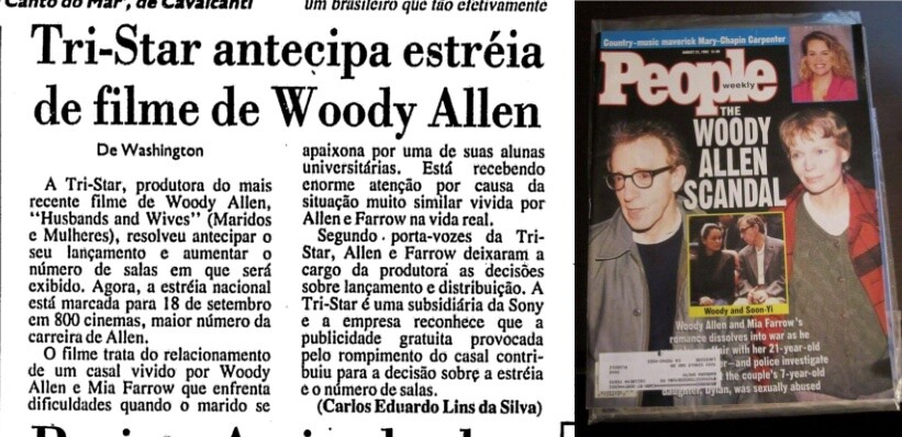 Matéria de jornal com o título “Tri-Star antecipa estréia de filme de Woody Allen“, ao lado de capa da People com foto do casal e o título “Woody Allen Scandal“