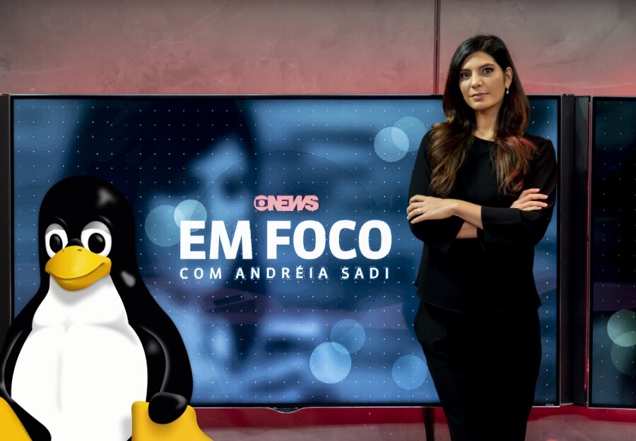 Montagem do mascote do Linux sobre vinheta de programa moderno da GloboNews, muito posterior ao debate em questão